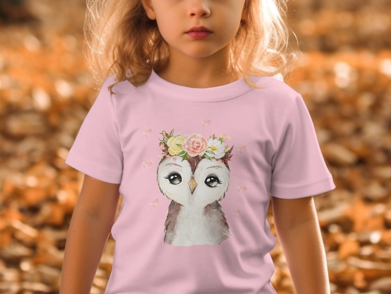 Kinder T-Shirt mit niedlicher Eule, Blumenkranz Motiv, Geschenk für Mädchen, Baumwolle, Größen 92-128 Bild 1