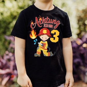 Mikalino Kinder T-Shirt Achtung ich bin 3 Drei Feuerwehr Kurzarm Shirt | Geschenkidee