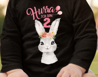 Mikalino Baby / Kinder Longsleeve mit Spruch Hurra ich bin Zwei 2 Süßes Motiv zum zweiten Geburtstag mit Hase Langarm  | Geschenkidee