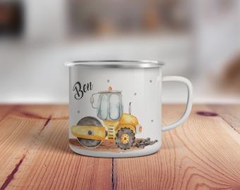 May include: White enamel mug with a yellow and gray construction vehicle illustration and the name "Ben" printed on the front.