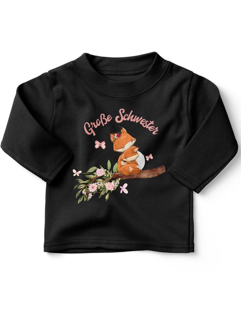 Mikalino Baby / Kinder Longsleeve mit Spruch für Jungen Mädchen Unisex langarm Große Schwester Fuchs handbedruckt in Deutschland schwarz