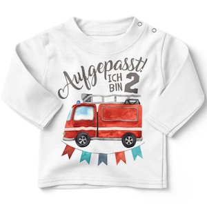 Mikalino Baby / Kinder Longsleeve mit Spruch Aufgepasst ich bin Zwei 2 Feuerwehrauto Langarm Geschenkidee weiss