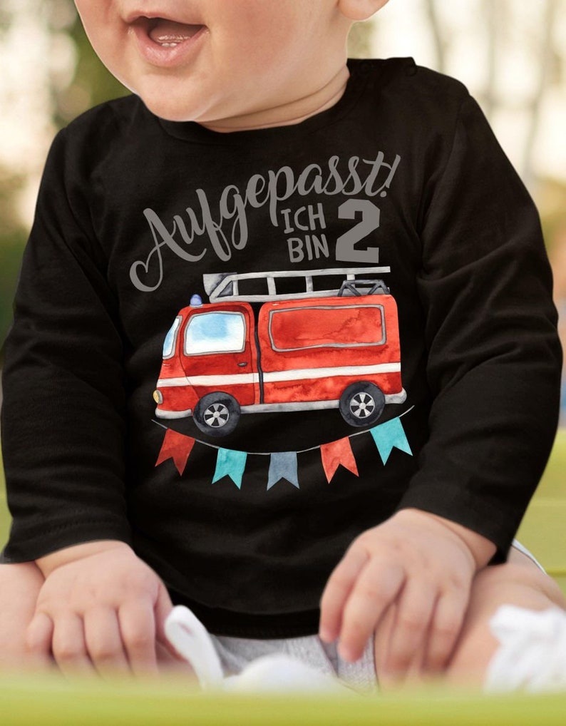 Mikalino Baby / Kinder Longsleeve mit Spruch Aufgepasst ich bin Zwei 2 Feuerwehrauto Langarm Geschenkidee Bild 4