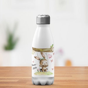 Kinder Edelstahl Trinkflasche Kleiner Hase Schaukel Mädchen mit Wunschname Einschulung Geschenk Schulanfänger Thermosflasche Mädchen