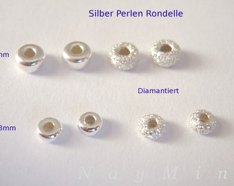 Silber Rondelle 925er Sterlingsilber Perlen mini Zwischenteile - 3mm/4mm - glatt/Diamantiert - Große Auswahl