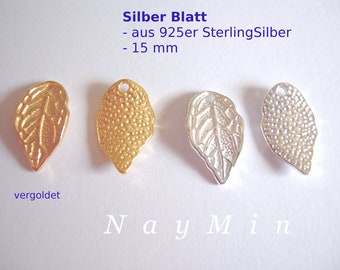 Blatt Anhänger 925 Sterlingsilber -  Silber/vergoldet - 1 Stück Silberblatt Zwischenteile