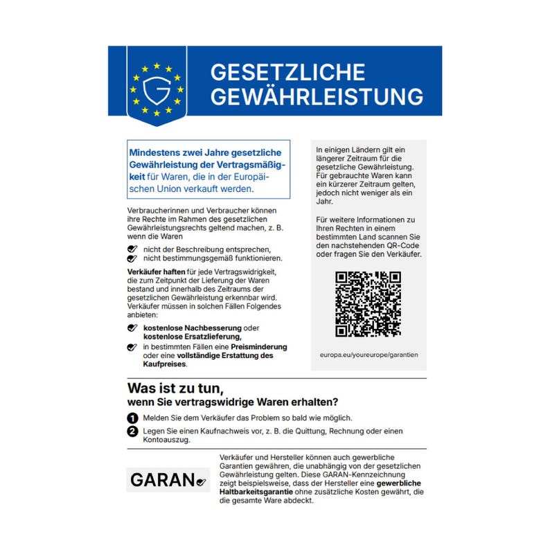 Puede incluir: Un documento informativo titulado GESETZLICHE GEW&Auml;HRLEISTUNG con un encabezado azul que muestra un escudo y estrellas. Describe los derechos de los consumidores de la Uni&oacute;n Europea sobre garant&iacute;as, incluye un c&oacute;digo QR y pasos para productos defectuosos.