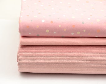 Stoffpaket Jersey Stoff Pünktchen rosa und Cordjersey und Bündchen, Kinderstoff und für Damenbekleidung