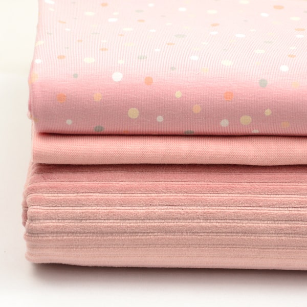 Stoffpaket Jersey Stoff Pünktchen rosa und Cordjersey und Bündchen, Kinderstoff und für Damenbekleidung