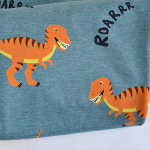 Könnte beinhalten: Ein gefalteter blauer Stoff mit einem sich wiederholenden Muster aus orangefarbenen Dinosauriern mit gelben Bäuchen und dunkelbraunen Streifen. Der Text ROARRR ist in schwarzen Buchstaben neben den Dinosauriern aufgedruckt.