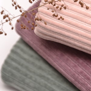 Könnte beinhalten: Ein Stapel aus drei gefalteten Stücken geripptem Samtstoff in den Farben Blassrosa, staubiges Mauve und Salbeigrün. Ein dünner, getrockneter botanischer Stängel mit kleinen braunen Samenkapseln liegt oben auf dem gefalteten Stoffstapel.