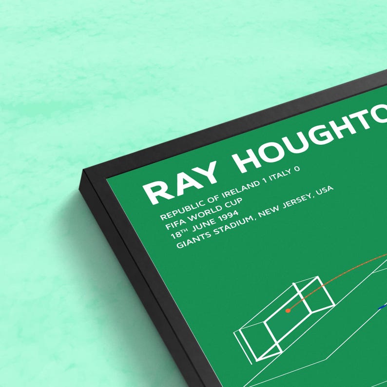 May include: A green and white framed print with the text "RAY HOUGHTON" and "REPUBLIC OF IRELAND 1 ITALY 0" in white. The text "FIFA WORLD CUP" and "18TH JUNE 1994" is also in white. The text "GIANTS STADIUM, NEW JERSEY, USA" is in white. The print features a black and white illustration of a soccer goal with a soccer ball in the net.