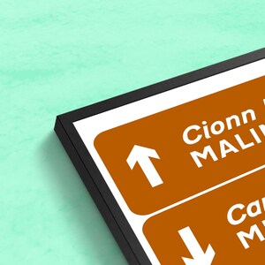 May include: A brown and white sign with an arrow pointing up and the text "Cionn Mhali" and an arrow pointing down with the text "Carna Mhali".