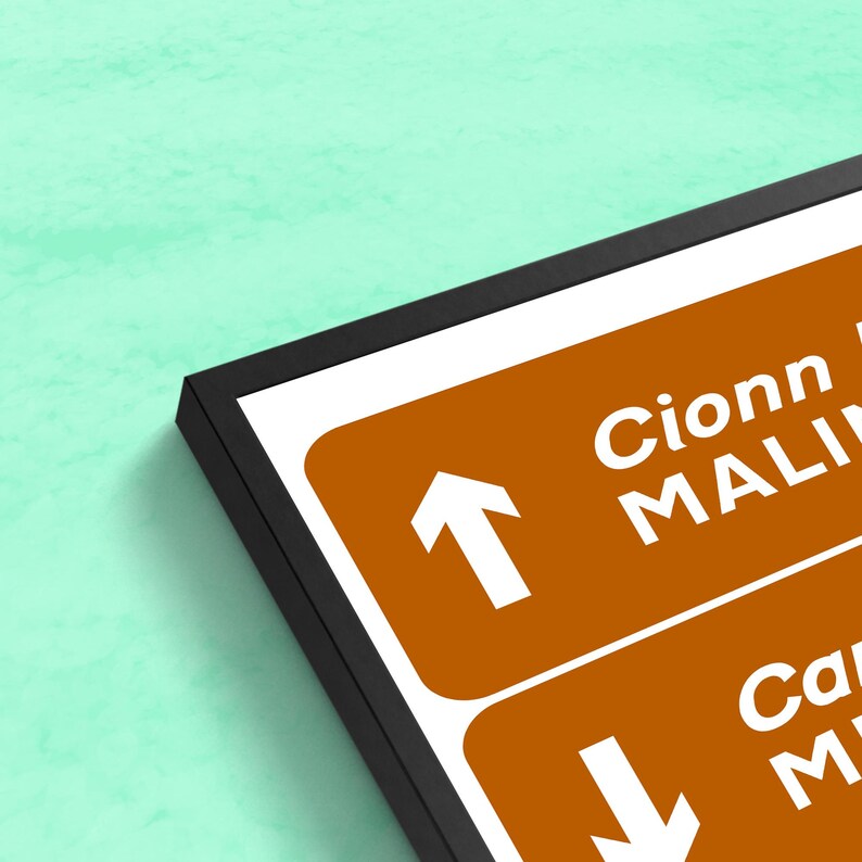 May include: A brown and white sign with an arrow pointing up and the text "Cionn Mhali" and an arrow pointing down with the text "Carna Mhali".