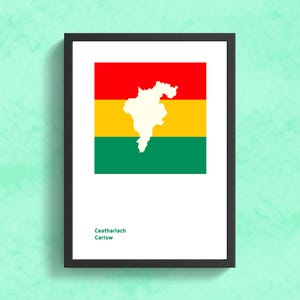 May include: A framed print of the flag of Carlow, Ireland. The flag is red, yellow, and green with a white outline of the county of Carlow in the center. The text "Ceatharlach Carlow" is printed below the flag.