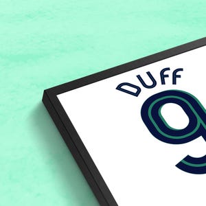 以下が含まれることがあります： 「DUFF」というテキストと、レトロなスタイルの大きな緑と青の数字「9」が書かれた額装されたプリントです。