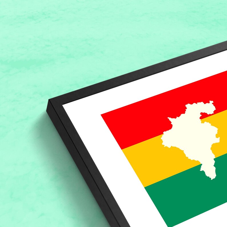 May include: A framed print of the flag of Bolivia, featuring a white outline of the country's shape on a red, yellow, and green background.