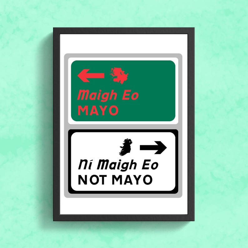 May include: A white framed print with two green and white signs. The top sign has a red arrow pointing left and the text "Maigh Eo MAYO". The bottom sign has a black arrow pointing right and the text "Ni Maigh Eo NOT MAYO".