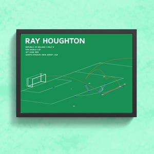 May include: A green and white illustration of a soccer field with the text "RAY HOUGHTON" at the top. The text "REPUBLIC OF IRELAND 1 ITALY 0" is below the title. The text "FIFA WORLD CUP" is below that. The text "18th JUNE 1994" is below that. The text "GIANTS STADIUM, NEW JERSEY, USA" is below that.
