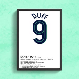 以下が含まれることがあります： 黒い枠で囲まれた白いポスターに、青と緑の数字9と、その上に「DUFF」という名前が書かれている。ポスターには、「Damien Duff ウインガー」というテキストと、アイルランド代表でのプレー歴、キャップ数、ゴール数、その他の功績に関する情報も記載されている。