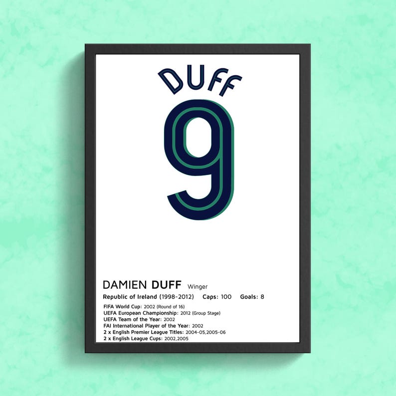 以下が含まれることがあります： 黒い枠で囲まれた白いポスターに、青と緑の数字9と、その上に「DUFF」という名前が書かれている。ポスターには、「Damien Duff ウインガー」というテキストと、アイルランド代表でのプレー歴、キャップ数、ゴール数、その他の功績に関する情報も記載されている。