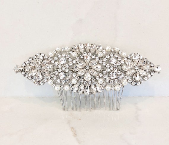 Classic Silver Hair Comb, Pearl Hair Comb, Rhinestone  display picture 1