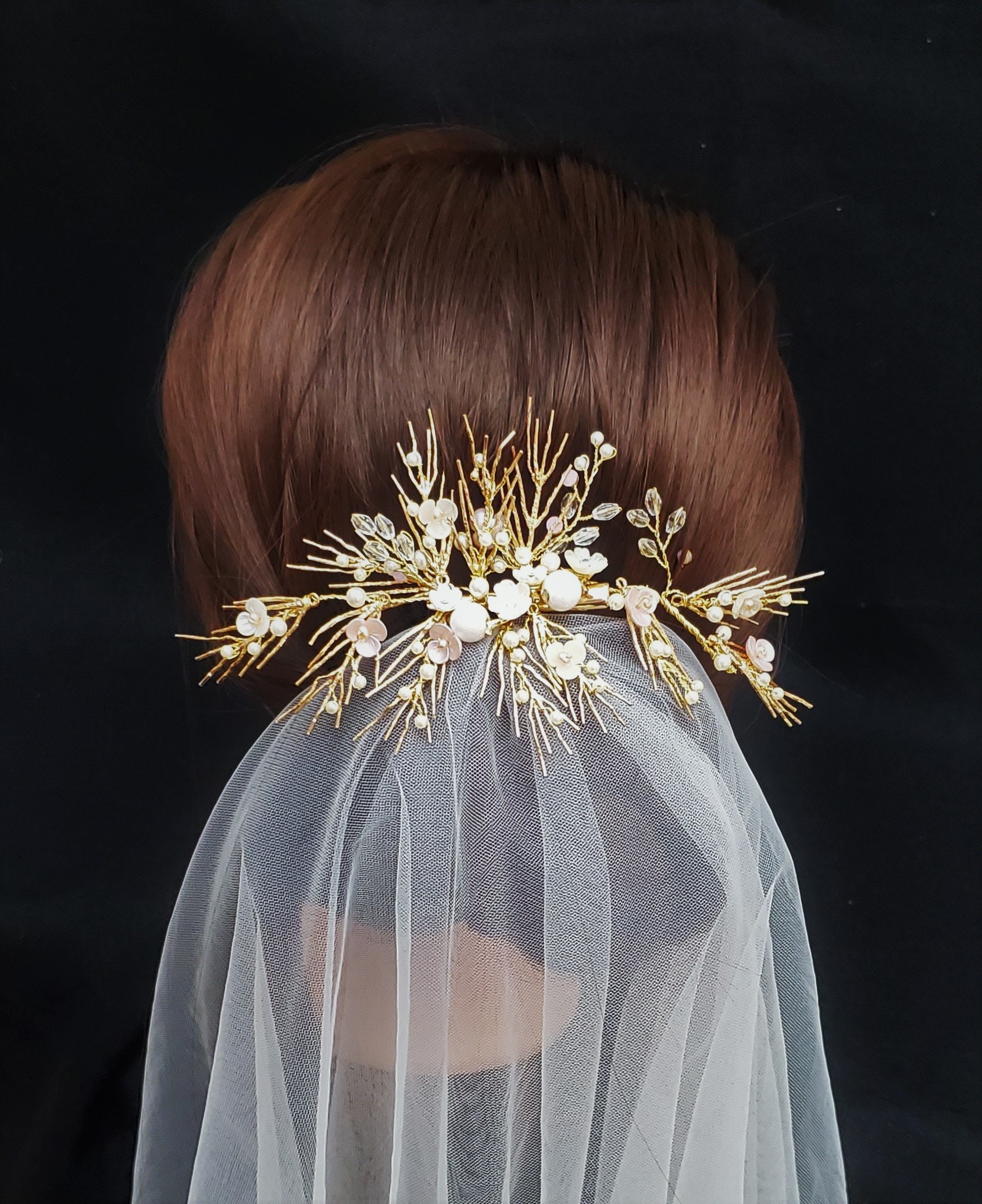 Gold Bridal Hair Clip L Headpiece| Rhinestone Pearl Wedding