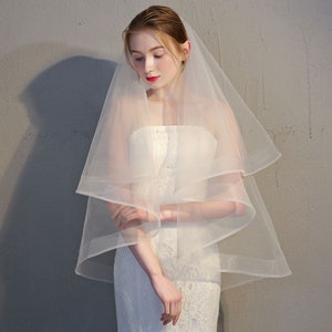 2 Tier Fingertip Length Veil with Horsetail Trim | White Veil | Tulle |Bridal