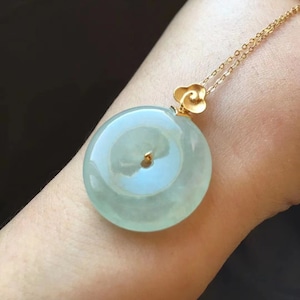 Icy Pale Green Jadeite Lucky Buckle Pendant, 18K Gold Necklace