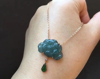 Natural Icy BLue Jadeite Necklace 18K Solid Rose Gold & Natural Guatemala Icy Blue Jadeite Lotus Pendant