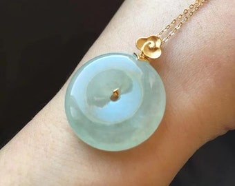 Natural Old Pit Icy Pale Green Jadeite Necklace 18K Solid Yellow Gold & Natural Myanmar Icy Pale Green Jadeite Jade Lucky Buckle Pendant