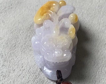 Yellow Jadeite Pixiu Pendant, Certified Grade A Myanmar Yellow Jade Pixiu Necklace
