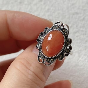 Natural Myanmar Old Pit Icy Red Jadeite Jade Ring Certified Grade A Icy Pure Red Jadeite Jade Retro-style Ring Sliver Holder