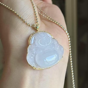 Highly-translucent Natural Myanmar White Jadeite Jade Buddha Pendant 18K Solid Yellow Gold Certified Grade A Icy White Buddha Jade Pendant