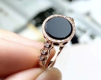 High Grade Natural Black Jadeite Ring 18K Rose Gold & Natural Icy Black Jadeite Ring
