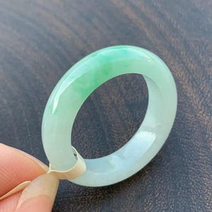 US 10.5 Natural Translucent Green Jadeite Jade Band Ring Certificated Grade A Old Pit Myanmar Icy White & Green Jadeite Jade Band Ring