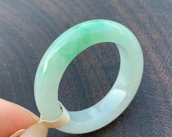 US 10.5 Natural Translucent Green Jadeite Jade Band Ring Certificated Grade A Old Pit Myanmar Icy White & Green Jadeite Jade Band Ring