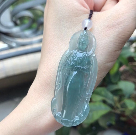 Chinese Hand-Carved Kwan-yin Grade A Natural Icy Obsidian Jade Gems Pendant