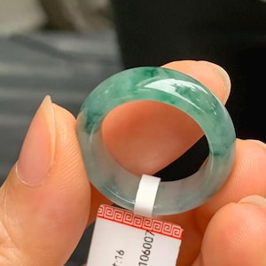 US 7.5 Highly-translucent Myanmar Natural Greenish Flow Jadeite Ring Certified Grade A Old Pit Icy Greenish Floating Flower Jade Wide Ring