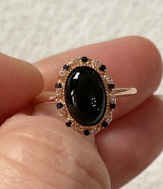 Highly-translucent Natural Icy Black Jadeite Jade Ring 18K Solid