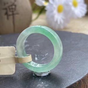 US 7 Highly-translucent Natural Green Jadeite Jade Band Ring Certified Grade A Myanmar Icy Greenish Jadeite Jade Band Ring