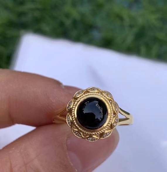 High Grade Natural Icy Black Jadeite Jade Ring 18K Yellow Gold