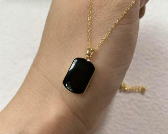 Highly-translucent Natural Myanmar Black Jadeite Jade Pendant 18K Yellow Gold & Certified Grade A Icy Black Jadeite Jade Rectangle Pendant