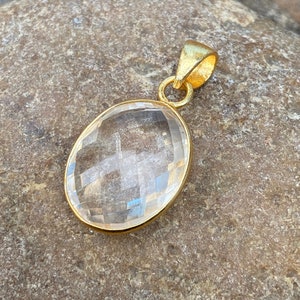 Crystal Quartz 18k Gold Plated Pendant: Sterling Silver Bezel Set