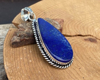 Handmade Pear Lapis Lazuli Pendant, 925 Sterling Silver Necklace