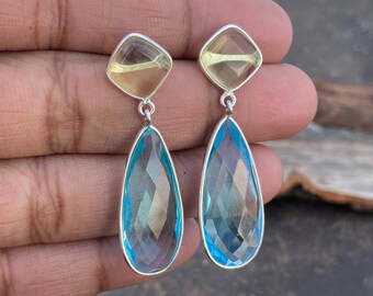 Lemon Quartz & Blue Topaz Earrings: Sterling Silver Pear Drop