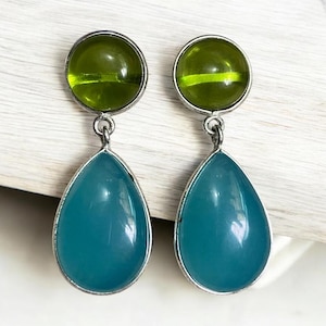 Peridot & Blue Chalcedony Earrings: 925 Sterling Silver Dangle, Handmade