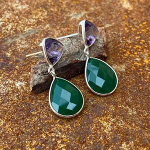 925 Sterling Silver Women Earring, Green Onyx & Purple Amethyst Earring, Birthday Gift, Mother's Day Gift, Onyx, Amethyst Jewelry, Gift Her