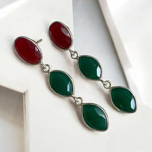 Sterling Silver Teardrop Earrings, Green Onyx Ruby Dangle, Boho Statement Jewelry