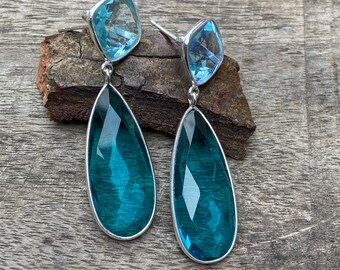 Apatite Earring- 925 Sterling Silver Post Earrings- Glass Earrings- Apatite, Blue Topaz Earrings- Apatite Jewelry-Gift For Her-Topaz Jewelry